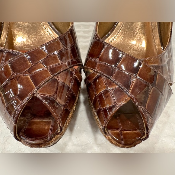 Sergio Zelcer Brown Alligator Peep Toe 4” Platform Heels~Woven Bottoms~Handmade - Picture 10 of 16